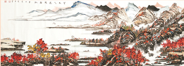 百里飞花照船红（国画）